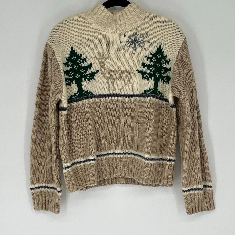 Vtg LIZ CLAIBORNE Women’s Wool Sweater Med Beige Deer Tree Winter Knit Mock Neck
